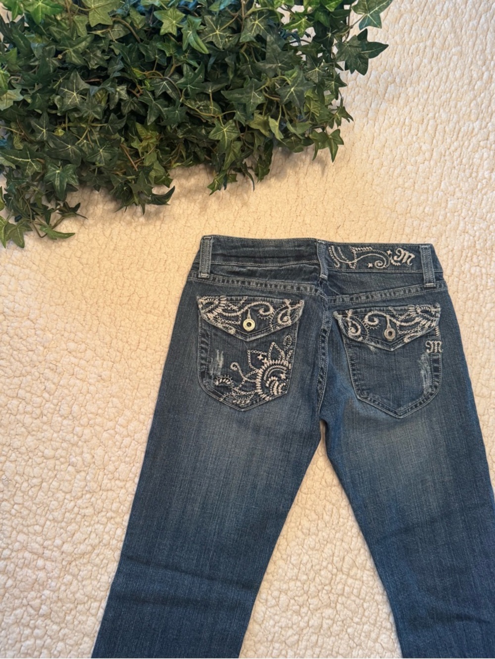 Miss Me Dark Blue Skinny Jeans with White Embroidered Pockets
